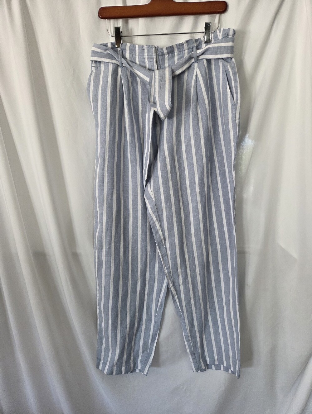 LOFT Blue/White Striped Cropped Pants Linen Blend Waist Tie NWT Size M - Picture 2 of 10